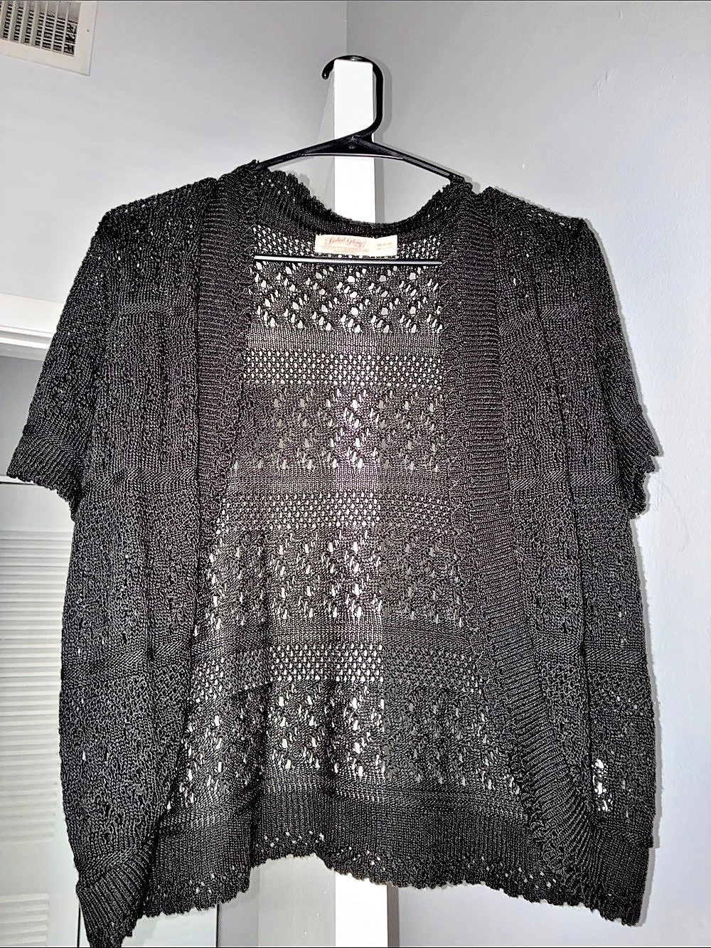 Faded Glory Open Knit Cropped Short Sleeve Cardigan in Black